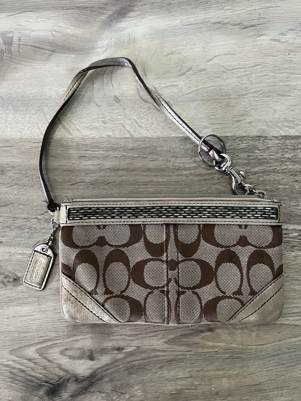 AUTHENTIC COACH KHAKI SIGNATURE AND BROWN SUEDE BEADED WRISTLET wallet Pouch